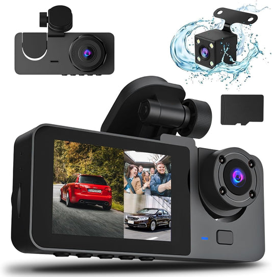 Premium 3-Channel Dash Cam – Front & Rear Interior, 1080P, 32GB Card, 24H Parking, Loop Recording, Night Vision